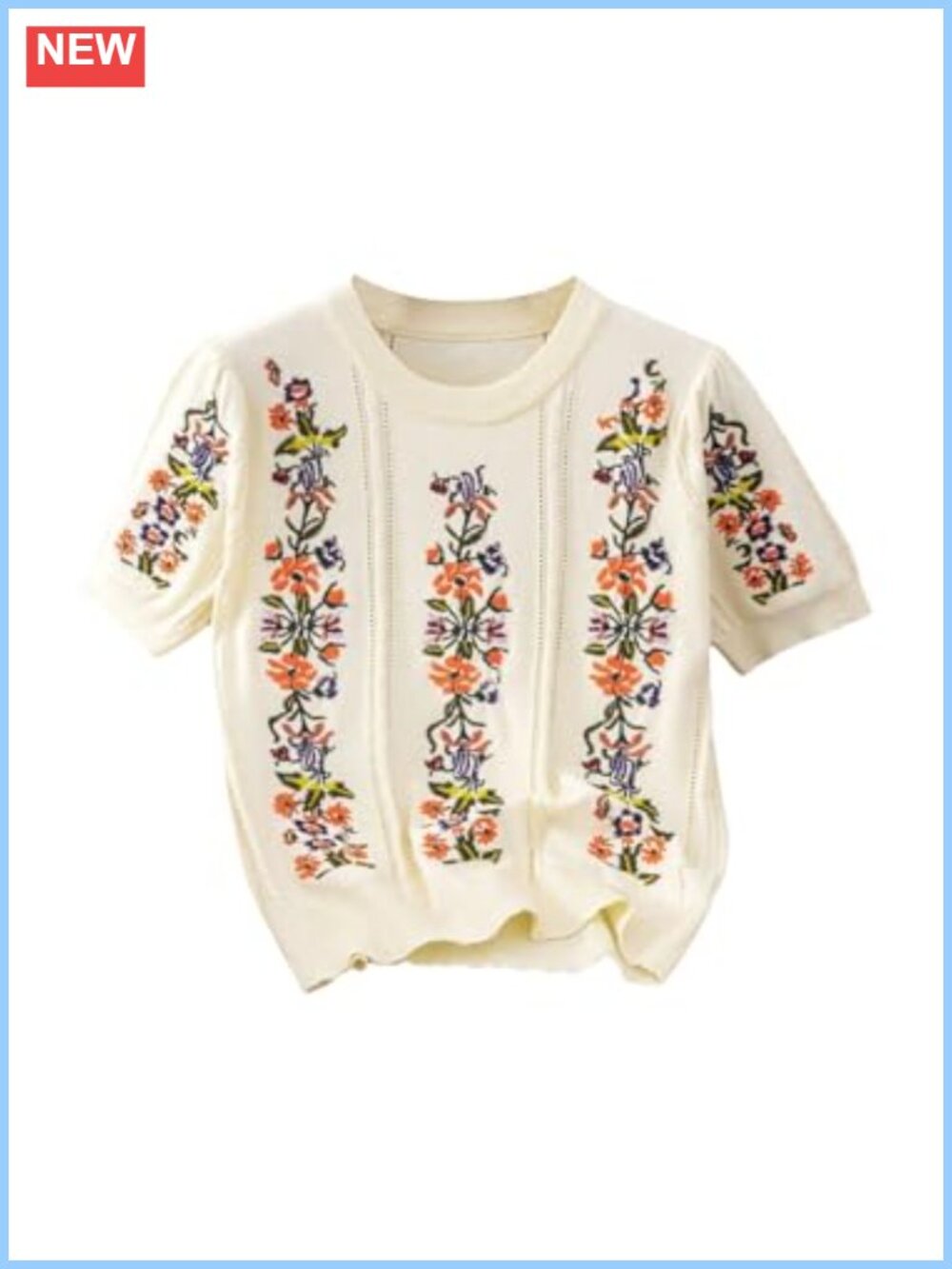 Floral Embroidered Short Sleeve Knit Pullover Sweater Boho